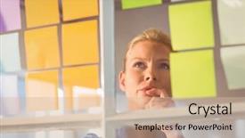  Presentation with creative teaching strategies - Presentation design enhanced with sticky notes - young creative businesswoman background and a soft green colored foreground