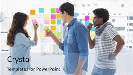  Presentation with team together everyone achieves more - Audience pleasing presentation design consisting of sticky notes - young creative team brainstorming together backdrop and a light blue colored foreground