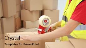  Presentation with warehouse cartoon - PPT theme enhanced with sticky tape at warehouse background and a coral colored foreground