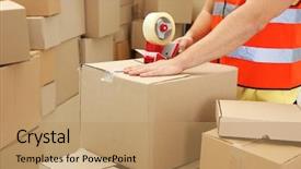  Presentation with warehouse cartoon - Slide deck with sticky tape at warehouse background and a coral colored foreground