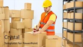  Presentation with warehouse cartoon - Presentation theme with sticky tape at warehouse background and a yellow colored foreground