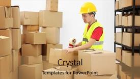  Presentation with warehouse cartoon - PPT theme featuring sticky tape at warehouse background and a  colored foreground