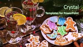  Presentation with mulled wine - Audience pleasing PPT layouts consisting of still life of cinnamon and mulled wine by the glass in the foreground christmas cookies backdrop and a wine colored foreground