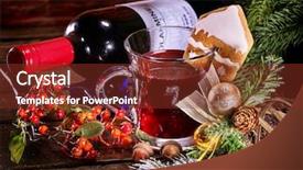  Presentation with gingerbread house - Presentation featuring still life of lying on snow-covered fir branches red wine bottle and mug with christmas hot mulled wine label on bottle gingerbread cookie in form of house on mug christmas ball and christmas tree background and a tawny brown colored foreground