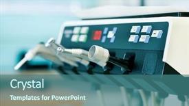  Presentation with surgery - PPT theme having still life of various tools of a dentist waiting to be used in the surgery background and a ocean colored foreground