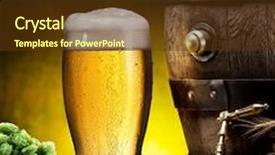  Presentation with cellar - Slide set featuring still life old wooden pin of beer glass of beer and wheat on the table in the cellar background and a tawny brown colored foreground