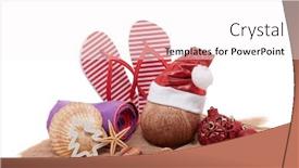  Presentation with year still life christmas - Slide deck enhanced with still life with beach accessories flip flops towel seashells sand coconut and christmas ornaments on white background new year and christmas winter vacation in warm countries beach holiday background and a white colored foreground