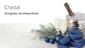  Presentation with year still life christmas - Presentation theme featuring still life with champagne bottle standing in bucket with ice champagne flutes gift boxes fir branch christmas decoration on wooden table on white background with copy space christmas and new year background and a white colored foreground