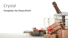  Presentation with year still life christmas - Amazing presentation theme having still life with champagne bottle standing in bucket with ice champagne flutes gift boxes and fir branch on wooden table on white background with copy space christmas and new year greeting card backdrop and a white colored foreground