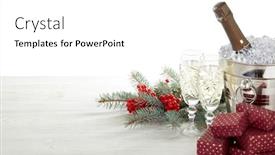  Presentation with year still life christmas - Presentation consisting of still life with champagne bottle standing in bucket with ice champagne flutes gift boxes and fir branch on wooden table on white background with copy space christmas and new year greeting card background and a white colored foreground