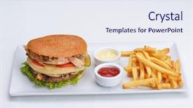  Presentation with soft drink - PPT theme with still life with fast food hamburger menu french fries soft drink and ketchup background and a sky blue colored foreground