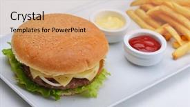  Presentation with soft drink - Theme consisting of still life with fast food hamburger menu french fries soft drink and ketchup background and a coral colored foreground