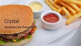  Presentation with soft drink - Presentation enhanced with still life with fast food hamburger menu french fries soft drink and ketchup background and a coral colored foreground