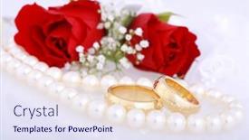  Presentation with golden wedding - Slides with still life with golden wedding rings and red roses background and a sky blue colored foreground
