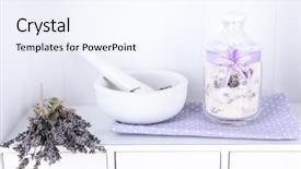  Presentation with lavender flowers - Presentation theme having still life with jar of lavender sugar mortar and fresh lavender flowers on shelves background and a sky blue colored foreground