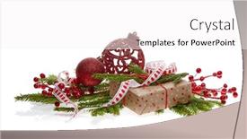  Presentation with year still life christmas - Slide set consisting of still life with red sparkling balls gift box and fir branches isolated on a white background with reflection new year and christmas decorations background and a white colored foreground