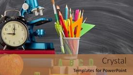  Presentation with children books - Cool new PPT theme with still-life-with-stationery-accessories backdrop and a coral colored foreground