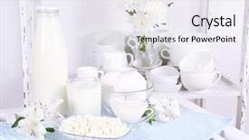  Presentation with dairy - Presentation consisting of still life with tasty dairy products on table background and a sky blue colored foreground