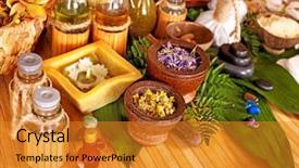  Presentation with herbal cosmetics - Theme featuring still life with thai herbal background and a gold colored foreground