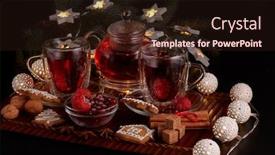  Presentation with year still life christmas - Slide set with still life with two cups of fruit tea teapot gingerbread cookies and christmas ornaments on a dark background with led lights garlands christmas and new year treat background and a wine colored foreground