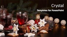  Presentation with year still life christmas - Colorful presentation design enhanced with still life with two cups of fruit tea teapot gingerbread cookies and christmas ornaments on a dark wooden background with led lights garlands christmas and new year treat backdrop and a black colored foreground