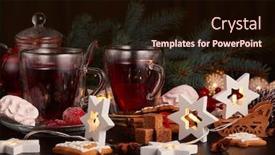  Presentation with year still life christmas - PPT theme having still life with two cups of fruit tea teapot gingerbread cookies and christmas ornaments on a dark wooden background with led lights garlands christmas and new year treat background and a wine colored foreground