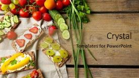  Presentation with vegetarian - PPT theme consisting of still life with vegetarian sandwiches on wooden table background and a coral colored foreground