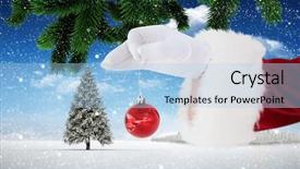  Presentation with santa claus holding scroll paper - PPT theme enhanced with stillness storm - santa claus holding red bauble background and a light blue colored foreground