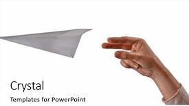 Presentation with plane - Amazing PPT theme having stimulus - female hand throwing paper plane backdrop and a white colored foreground