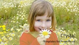  Presentation with blue flower bulb field - Presentation theme having stips - blond little girl smeling daisy background and a yellow colored foreground