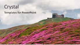  Presentation with man on top of mountain - PPT theme with stips - spring mountains hills covered background and a light gray colored foreground