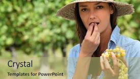  Presentation with grape vine wine grapes - Theme consisting of stips - woman eating bunch of grapes background and a mint green colored foreground