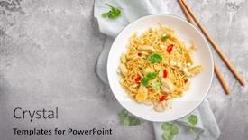  Presentation with food chicken - PPT layouts having stir-fried-noodles-with-chicken background and a light gray colored foreground