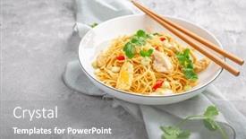  Presentation with food chicken - Slide deck consisting of stir-fried-noodles-with-chicken background and a gray colored foreground