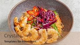  Presentation with shrimp - Presentation theme consisting of stir-fried-noodles-with-shrimp background and a gold colored foreground