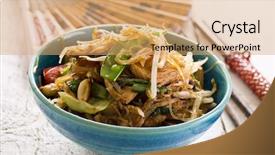  Presentation with noodles - Audience pleasing slide set consisting of malay food - stir fried noodles with vegetables backdrop and a coral colored foreground