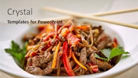  Presentation with beef - Colorful presentation enhanced with stir-fry-noodles-soba backdrop and a soft green colored foreground