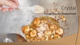  Presentation with frying - Audience pleasing presentation design consisting of stir frying the meat and shrimp on the wok backdrop and a mint green colored foreground