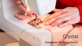  Presentation with sewing machine - PPT theme consisting of stitching cloth on sewing machine background and a coral colored foreground