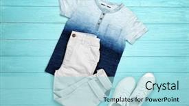  Presentation with clothing wooden clothes hanger object - Slides having fabric stock - set of child's clothes background and a light blue colored foreground