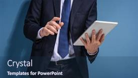  Presentation with stock broker - Beautiful slide deck featuring stock-exchange-broker-with-tablet backdrop and a navy blue colored foreground