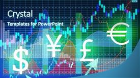  Presentation with global trading - Colorful PPT theme enhanced with stock exchange graphs with currency backdrop and a navy blue colored foreground