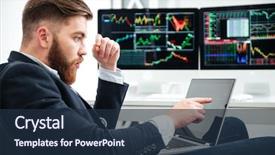  Presentation with stock share - Presentation theme enhanced with stock exchange share price - amazed bearded young businessman using background and a tawny brown colored foreground