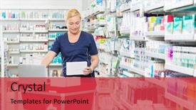  Presentation with chemist - PPT layouts enhanced with stock in laptop at pharmacy background and a red colored foreground