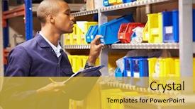  Presentation with roll fabric in store room - Slide deck featuring stock levels in store room background and a yellow colored foreground