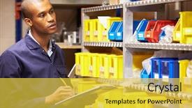  Presentation with worker - PPT theme consisting of stock levels in store room background and a yellow colored foreground