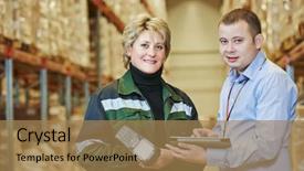  Presentation with scanner - Slide deck consisting of stock management - manager and worker in warehouse background and a  colored foreground