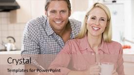  Presentation with newspaper - Colorful presentation theme enhanced with stock portfolio - couple in kitchen with newspaper backdrop and a coral colored foreground