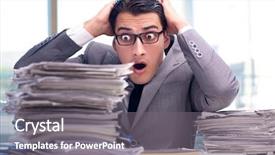  Presentation with paper phobia - Slide set with stock returns - busy angry businessman with heaps background and a gray colored foreground