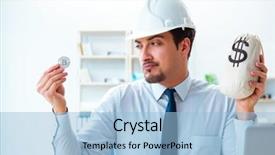  Presentation with mining - Audience pleasing PPT theme consisting of stock scams - man in bitcoin mining business backdrop and a light blue colored foreground